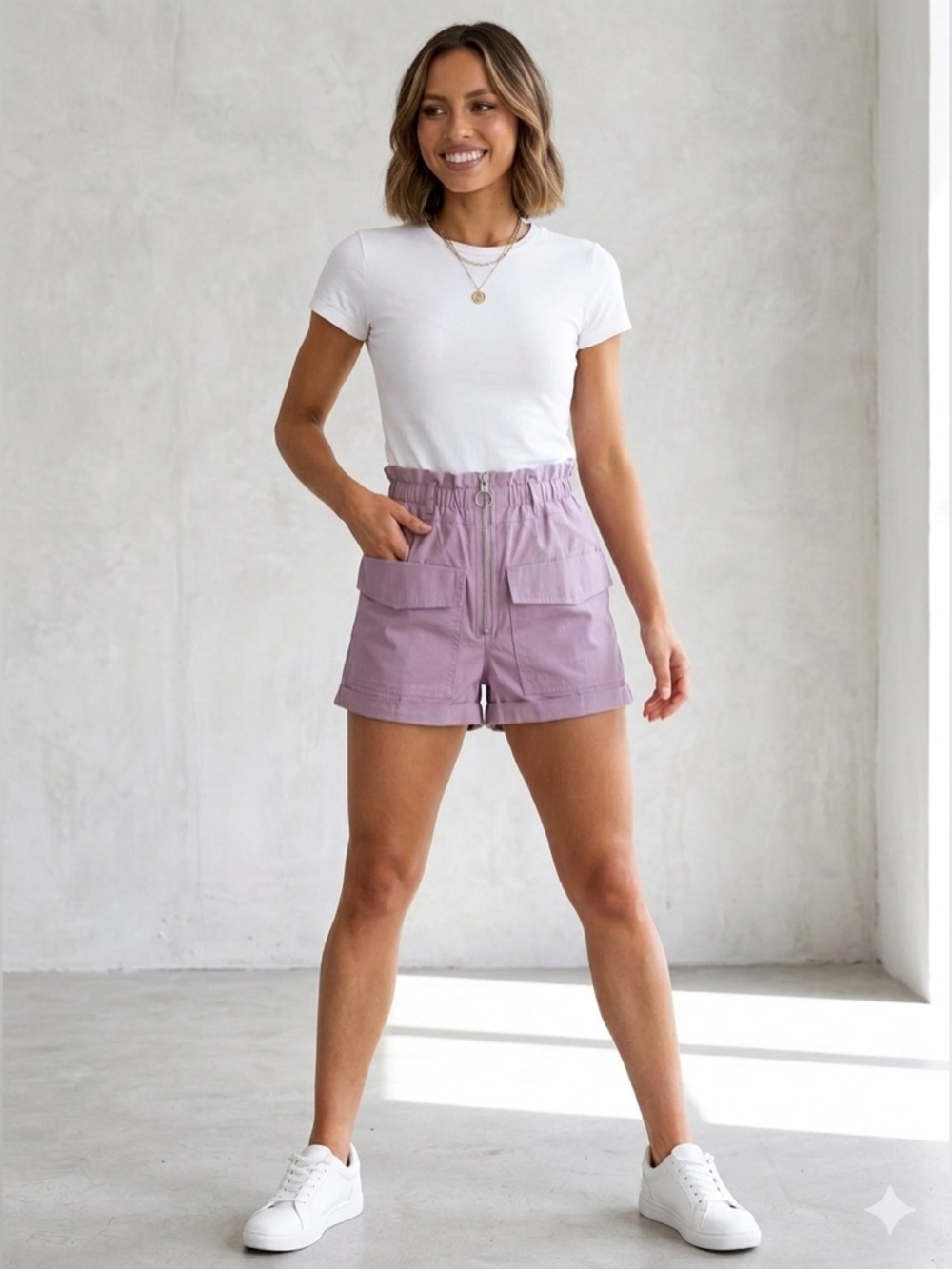 NWT Ann & Amber S  Light Purple High Waist Women’s paper bag Cargo Shorts
